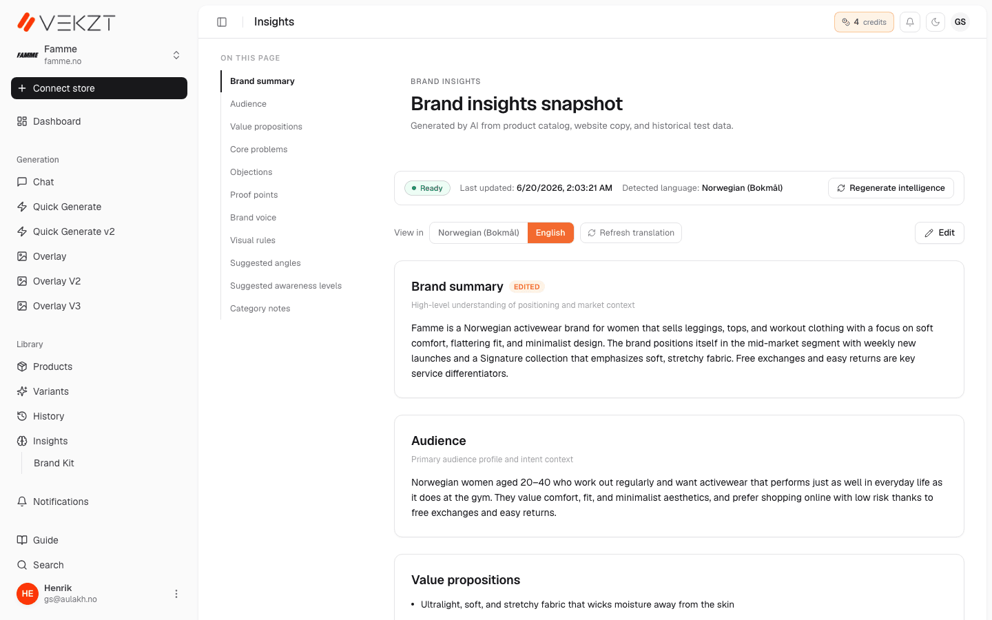 Brand Insights summary in VEKZT