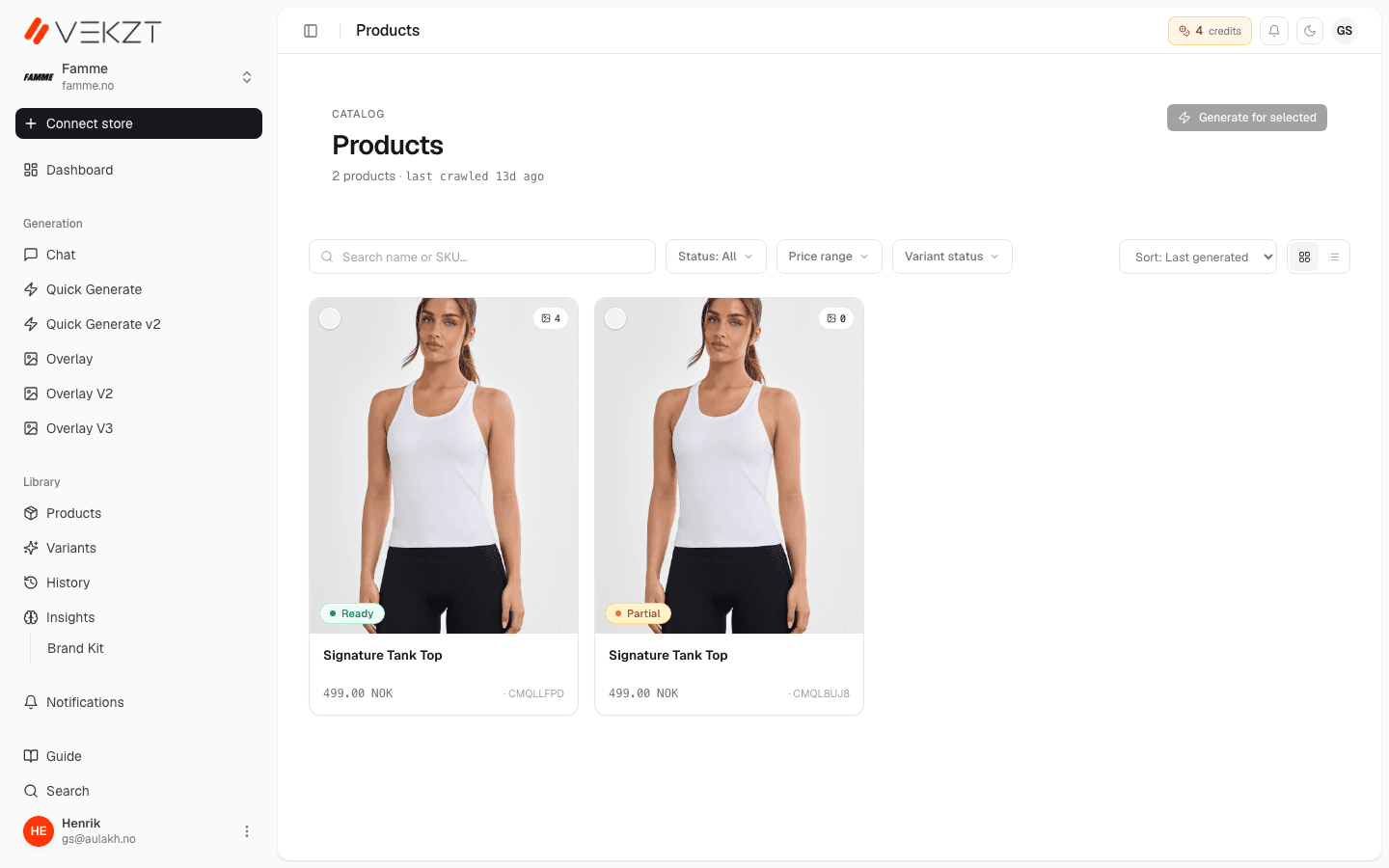 Extracted product catalog in VEKZT