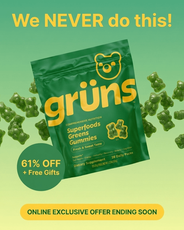 Illustrative Grüns gummy supplement creative with a product-led discount message, made in VEKZT