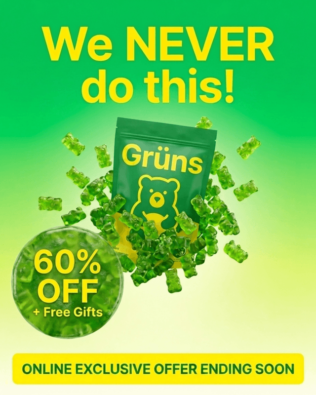 Illustrative Grüns gummy supplement creative with product benefits and offer message, made in VEKZT