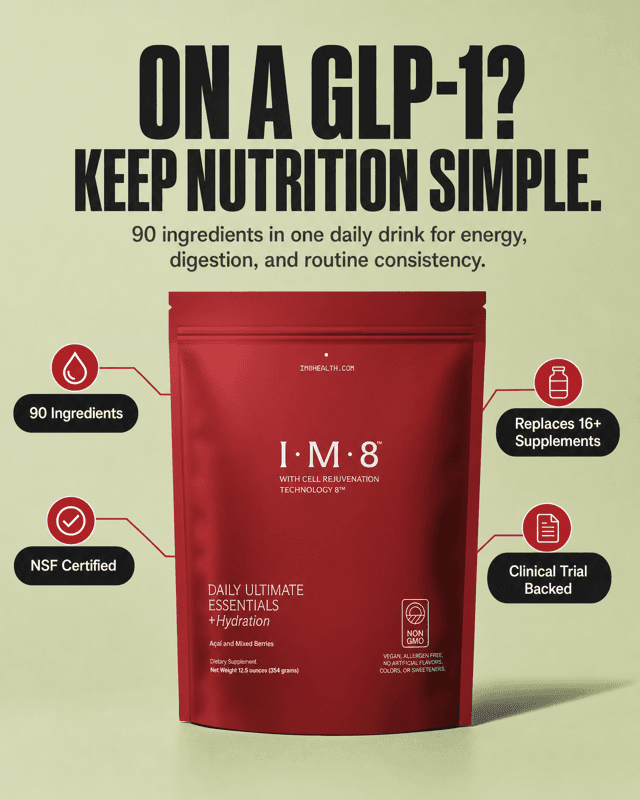 Illustrative I.M.8 daily nutrition pouch creative with ingredient and certification callouts, made in VEKZT