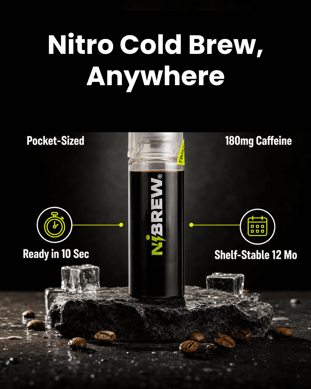 Illustrative Nibrew cold brew cartridge on a dark studio plinth, created in VEKZT