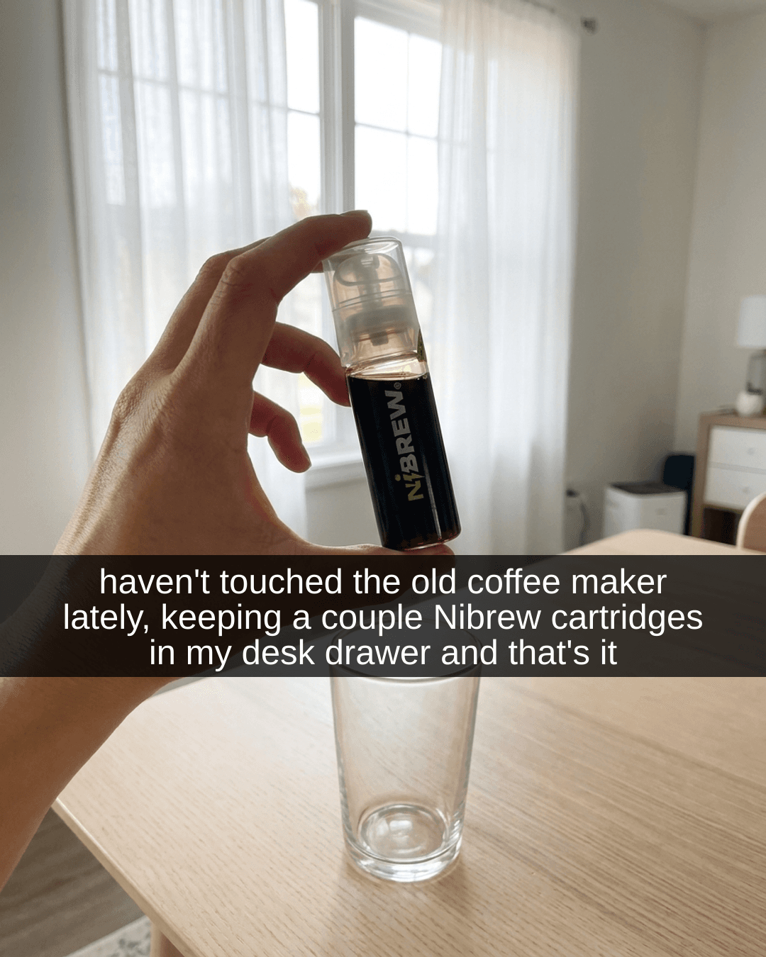 Illustrative Nibrew handheld cartridge with a daily coffee routine caption, created in VEKZT